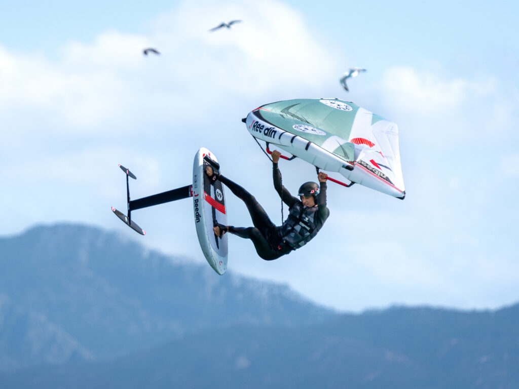 River Moore doing a rotation in Tarifa Wingfoil Jump